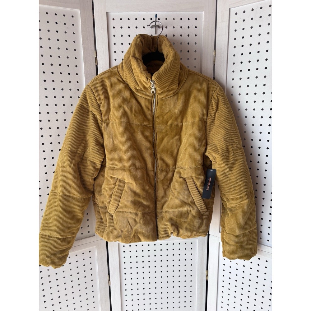 NWT Ambiance Outerwear Mustard Yellow‎ Puffer Corduroy Jacket Zip Women's M
